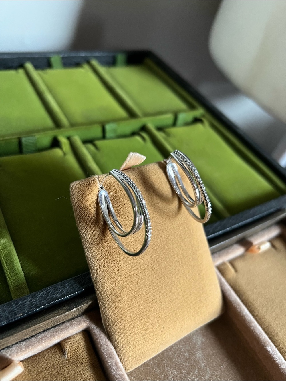 Sterling Silver .925 Double Hoop Earrings with Pavé Accent